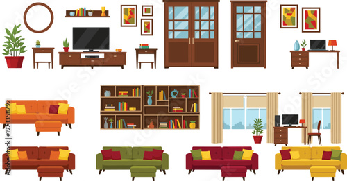 Modern Living Room Furniture Set Interior Elements Sofa Cabinet Window Decor Collection