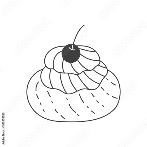 Zeppole Italian Pastry with Cherry Illustration. Airy ring topped with custard cream, Saint Joseph festive dessert sketch. Mediterranean Sweet Food vector line art