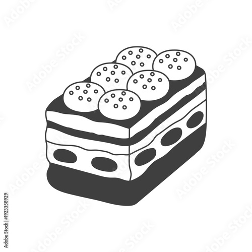 Tiramisu Italian Layered Dessert Doodle. Mediterranean sweet food icon. Coffee soaked sponge with mascarpone cream cocoa topping, elegant hand drawn vector illustration.