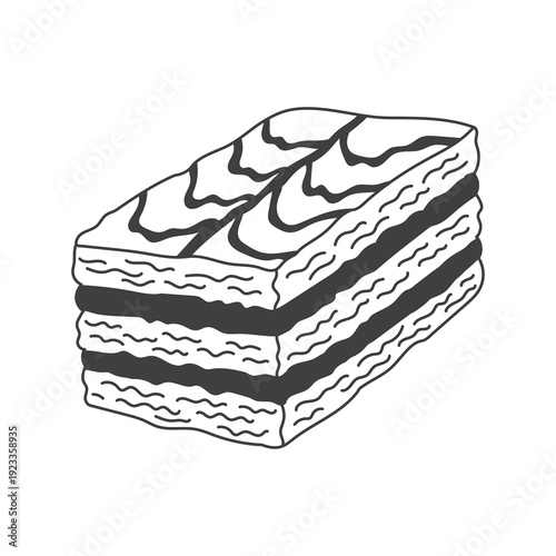 Mille Feuille Layered Puff Pastry Slice Illustration. Flaky sheets with custard filling and icing topping, refined European dessert sketch. Mediterranean sweet food icon. Vector art