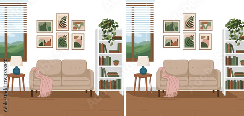 Cozy Living Room Interior Vector Illustration with Sofa Bookshelf Plants and Wall Art for Home Decor and Modern Apartment Design Projects