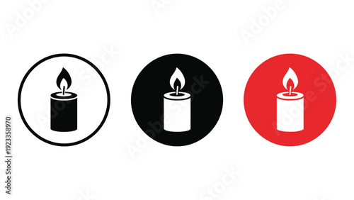 Three colored circle icons with a candle inside each isolated on white background, Vector
