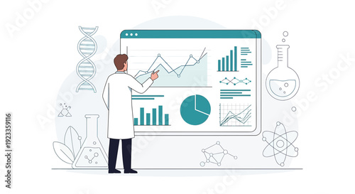 Scientist Analyzing Data Charts and DNA Helix in Laboratory