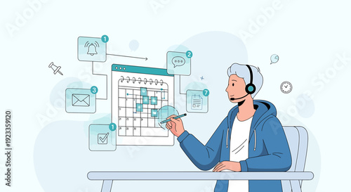 Person with headset planning schedule, task management, and organization