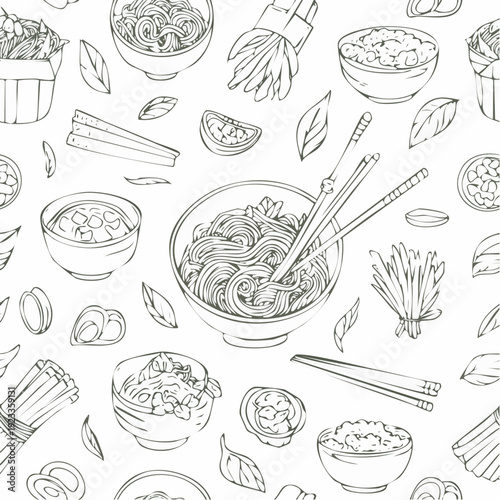 Handdrawn seamless pattern of various Asian food dishes in a sketch style.