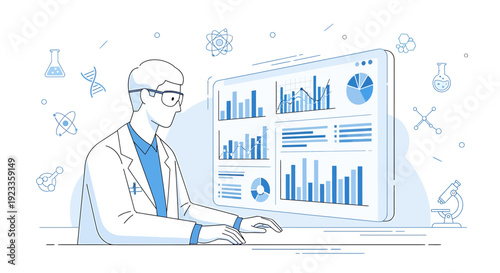 Scientist analyzing data on computer screen with lab equipment icons