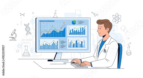 Scientist Analyzing Data on Computer Screen with Scientific Graphics