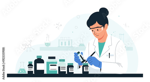 Scientist in Lab Coat and Gloves Conducting Research with Vials and Bottles