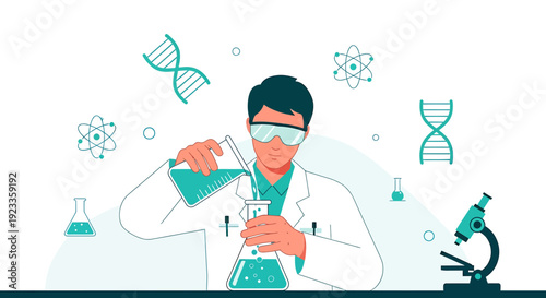 Scientist Pouring Liquid in Laboratory Flask with DNA and Atoms