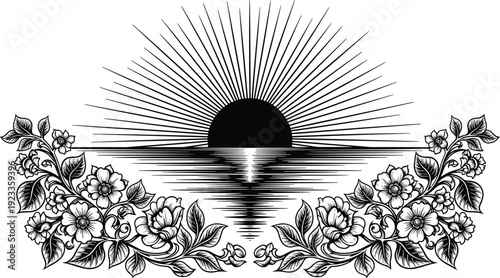 Vintage engraving of a sunset over water with floral borders, decorative woodcut sunburst illustration, nautical horizon and blooming garden flowers.