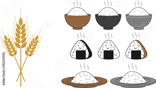 Rice and Wheat Food Vector Set with Bowls Onigiri and Grain Symbols for Agriculture Cuisine and Asian Food Design Projects