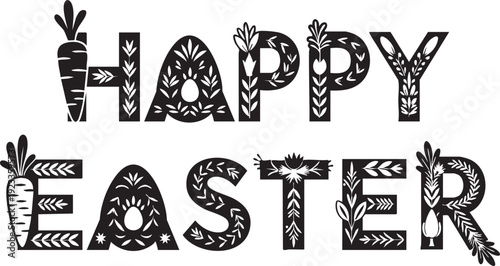 Black and white easter greeting with floral and vegetable decorations happy