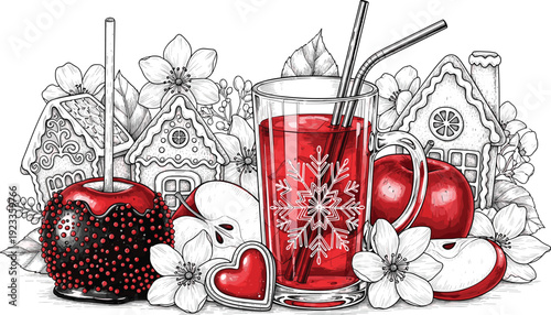 Christmas Mulled Drink Vector Illustration with Apples Gingerbread Houses and Festive Winter Decorations for Holiday Greeting and Seasonal Design Projects