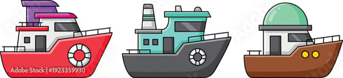 Cartoon Boat Vector Set with Colorful Fishing and Transport Vessels for Maritime Illustration Kids Design and Nautical Theme Projects