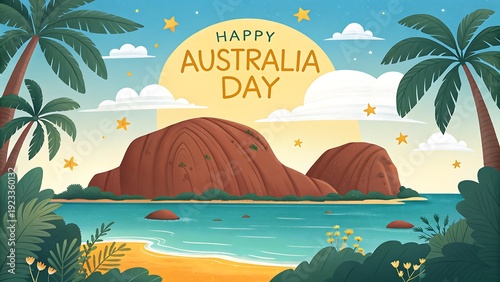 Happy Australia Day celebration with golden sunset, palm trees, and coastal landscape illustration
