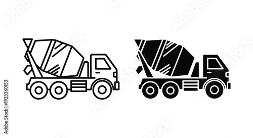 Minimalist concrete mixer truck vector icons featuring outline and solid silhouette styles for construction industry branding and architectural site planning.