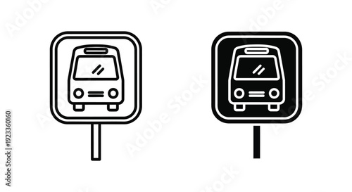 Minimalist bus stop sign icon set featuring line and solid glyph styles for public transportation navigation and urban transit mapping