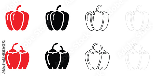 capsicum vector icon set, bell pepper capsicum vegetable symbol vector, silhouette and line art illustration