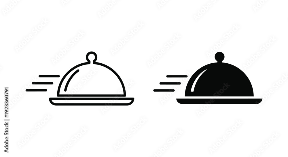 Obraz premium Fast food delivery and catering service icons featuring a restaurant cloche with motion lines to represent quick gourmet meal shipping and professional hospitality logistics.