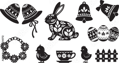 Black and white Easter-themed of hats eggs bunny cup and more