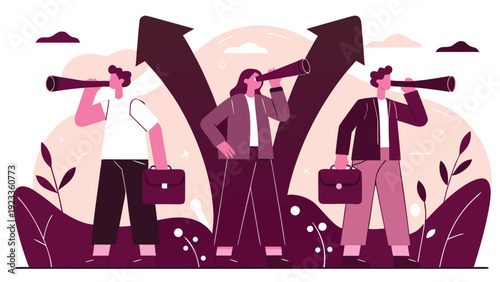 Three business professionals look through spyglasses at a large branching arrow, exploring potential paths.