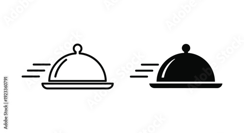 Fast food delivery and catering service icons featuring a restaurant cloche with motion lines to represent quick gourmet meal shipping and professional hospitality logistics.