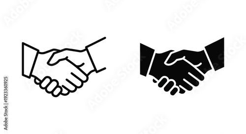 Minimalist handshake icons in outline and solid styles representing business partnership, agreement, and successful deal completion on a white background
