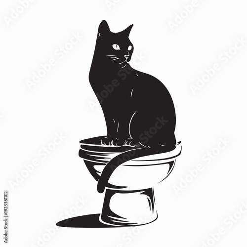 Funny Cat Sitting on Toilet Bowl Vector Illustration On White Background