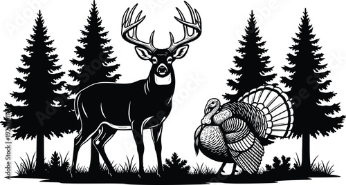Black and white wildlife illustration of a buck deer and wild turkey in a pine forest, hunting nature vector, isolated.