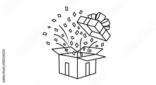 Open Gift Box with Confetti Explosion, Surprise Celebration Line Art