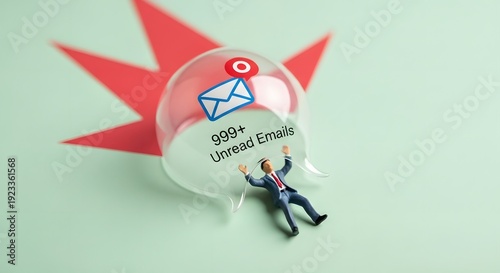 Miniature figure overwhelmed by unread emails conceptual illustration