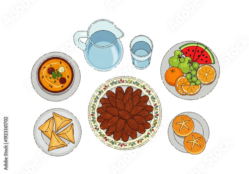 Flat design illustration vector of a variety of food and drink on plates and in glasses against a clean white background.