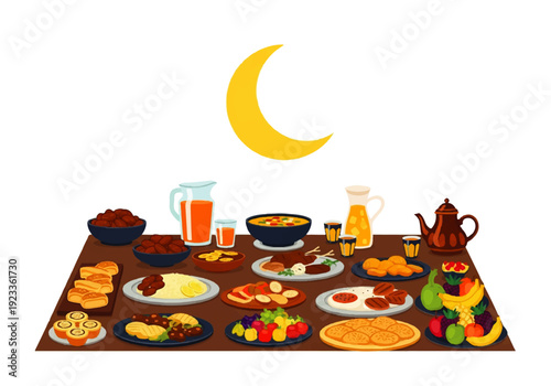 Flat design illustration vector of a traditional iftar table setting with various food and drinks under a crescent moon on a white background.