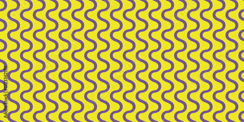 Vibrant purple wavy lines on yellow background. Seamless pattern perfect for apparel, bandanas, gift wrap, packaging, notebook covers, and modern wallpaper. Bold 70s retro psychedelic vector art.