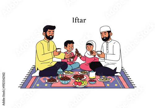 Flat design illustration vector of a Muslim family sharing a meal together on a colorful rug during Iftar with traditional food and drinks.