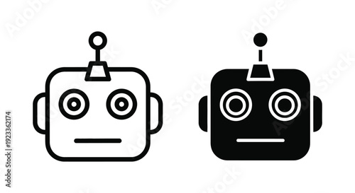Minimalist robot head vector icons in outline and solid silhouette styles for artificial intelligence, chatbot interfaces, and automation technology branding.