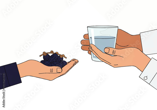 Flat design illustration vector of two hands, one offering a handful of coffee beans and the other a glass of water, on a clean white background.