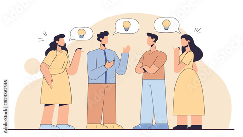 Four business people engage in a lively discussion, exchanging ideas with lightbulb thought bubbles above.