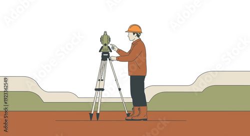 Surveyor Using Theodolite on Tripod for Land Measurement