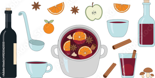 Mulled Wine Vector Set with Spices Citrus and Hot Drink Elements for Winter Holiday Menu Christmas Markets and Seasonal Beverage Designs