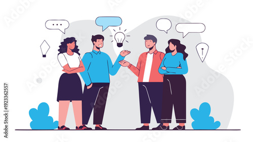 Four business people engage in a discussion, with one person presenting a central lightbulb idea to the group.