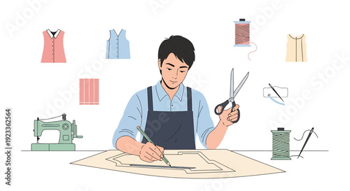 Tailor Creating Garment Pattern with Sewing Machine and Threads