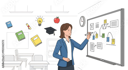 Teacher explains lesson with flowchart on whiteboard in classroom