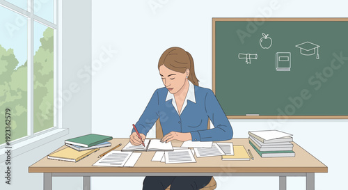 Teacher grading papers at desk in classroom with blackboard