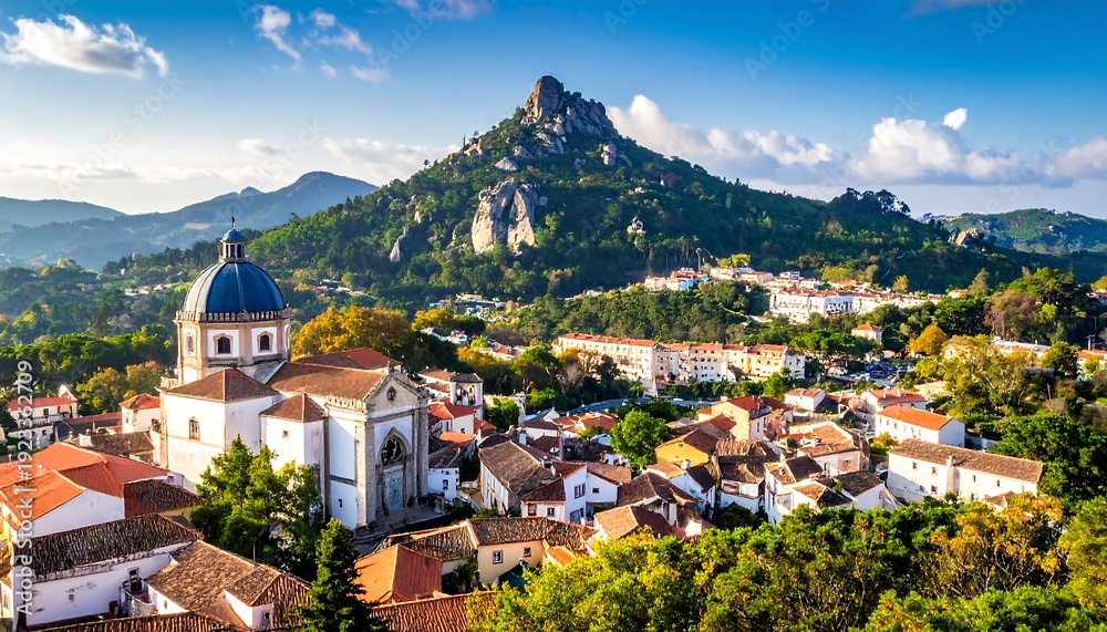 Fototapeta premium A serene town nestled at the foot of a majestic mountain