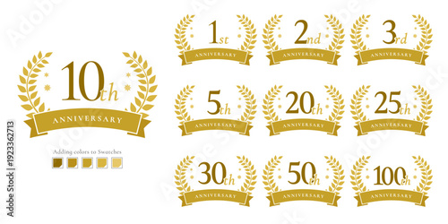 Gold Anniversary Laurel Ribbon Badge Set with Milestone Numbers 1st to 100th