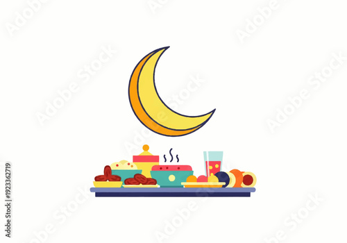 Flat design illustration vector of a colorful nighttime food spread with a crescent moon above, against a clean white background.