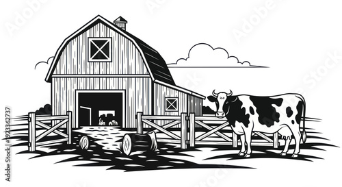 Farm Barn with Holstein Cow and Wooden Fence, Rural Livestock Scene