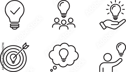 A set of black line icons representing business and teamwork concepts