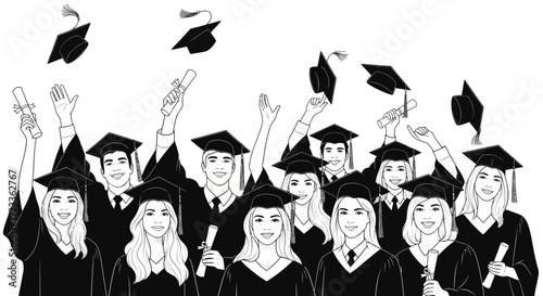 Graduation Caps Tossed in Air, Diverse Students Celebrating Achievement